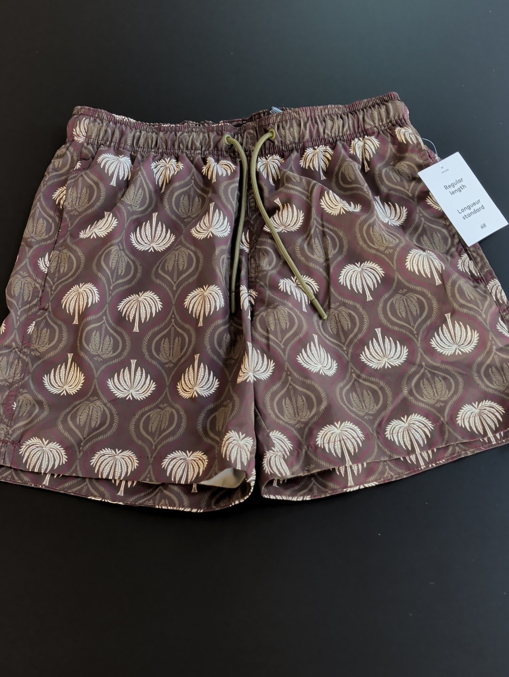 H&M Burgundy and Cream Palm Motif Men's Swim Shorts
